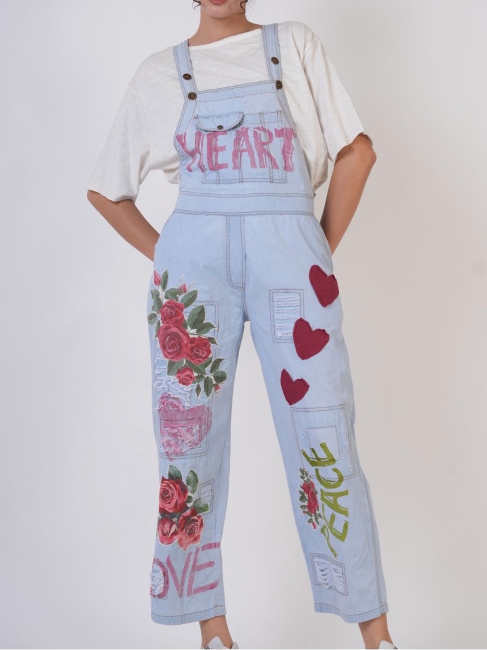 Light Blue Floral & Heart Denim Overalls with Pink 'HEART' Accent